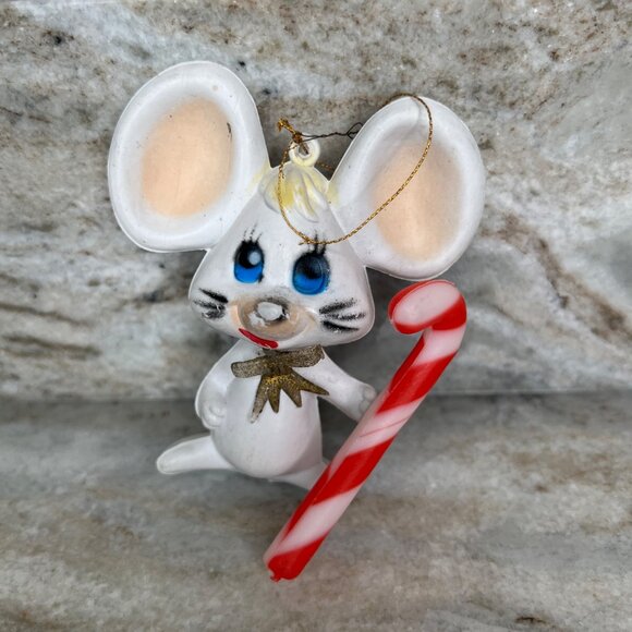 Vintage Plastic Christmas Ornament 3.5” Mouse Holding Candy Cane Hong Kong - Picture 1 of 5